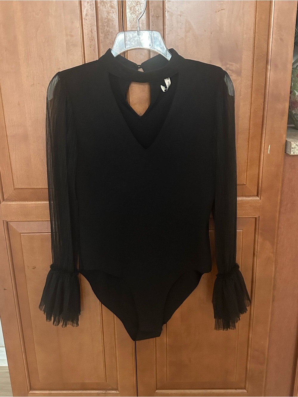 Black Women's Keyhole Bodysuit with Sheer Pleated Sleeves
